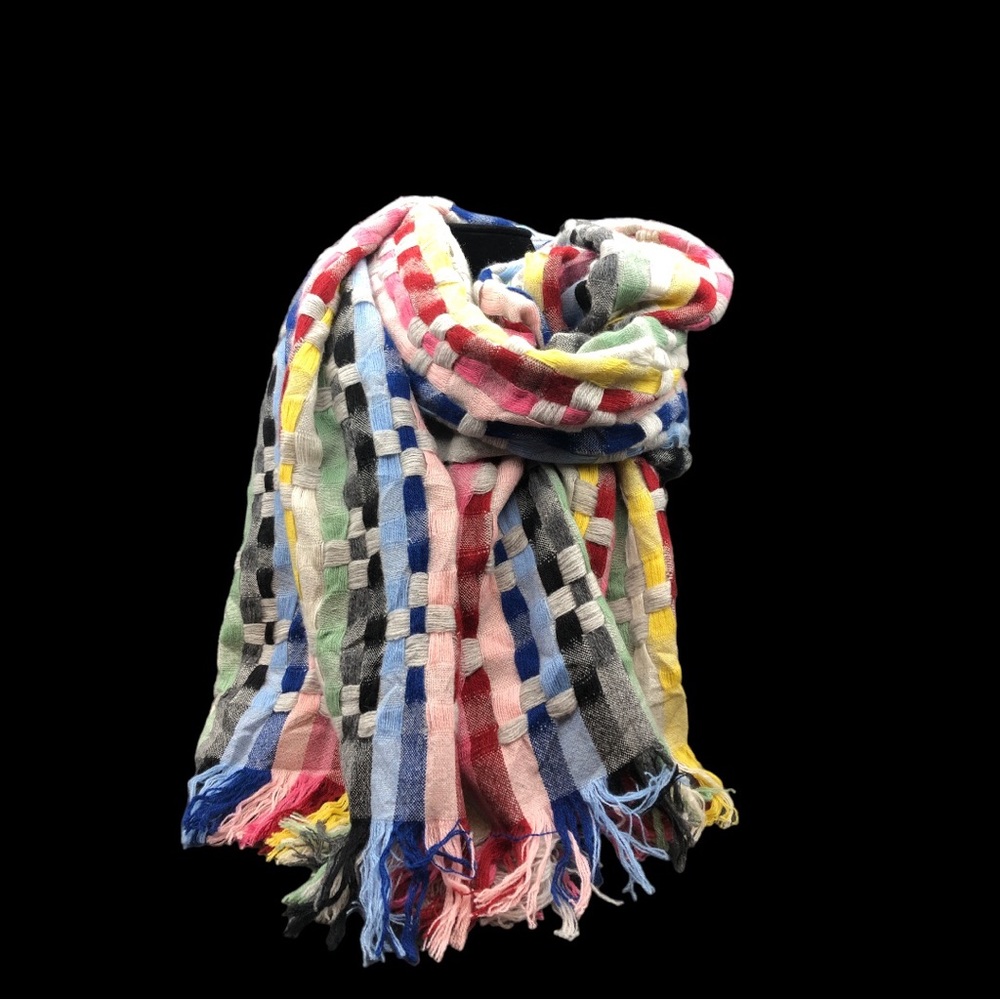 SKIDA Rare Large Multicolor Loose Woven Grid Cashmere Wrap/Scarf Made in Nepal